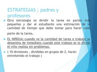 ESTRATEGIAS ; padres y
profesores
 Otra estrategia es dividir la tarea en partes más
pequeñas y dar al estudiante una estimación de la
cantidad de tiempo que debe tomar para hacer cada
parte de la tarea.
 EL NIÑO(A) cuando ve la cantidad de tarea o trabajo se
desanima de inmediato cuando este trabajo se lo divide
el niño realiza sin problemas.
 ( 10 divisiones , divididas en grupos de 2, harán
entretenido el trabajo )
 