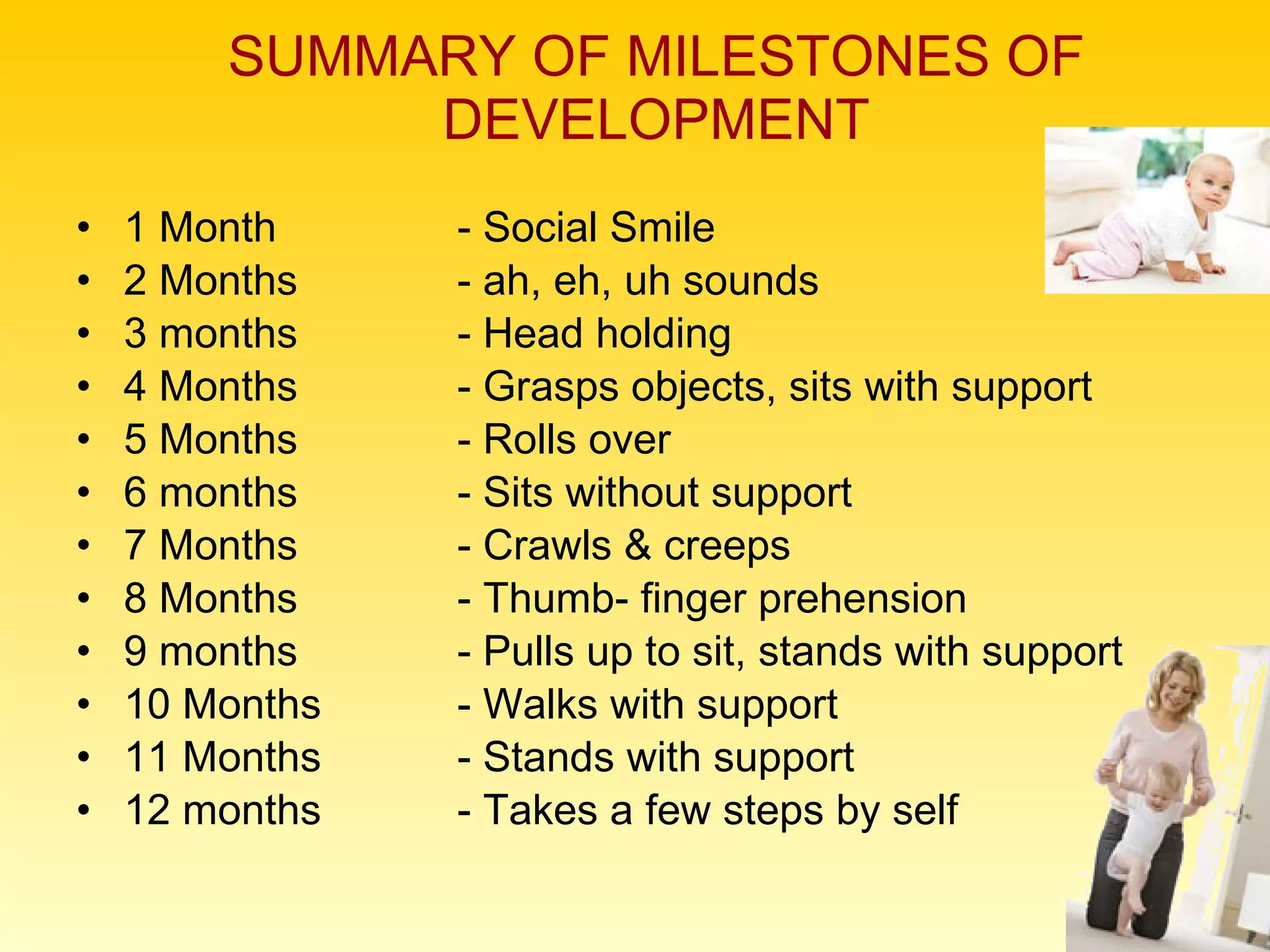 SUMMARY OF MILESTONES OF DEVELOPMENT 1 Month  - Social Smile 2 Months  - ah, eh, uh sounds 3 months - Head holding 4 Months - Grasps objects, sits with support 5 Months - Rolls over 6 months - Sits without support 7 Months - Crawls & creeps 8 Months - Thumb- finger prehension 9 months - Pulls up to sit, stands with support 10 Months - Walks with support 11 Months - Stands with support 12 months - Takes a few steps by self 