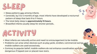 sleep
sleep
Sleep patterns vary among infants.
Generally, by 3 to 4 months of age, most infants have developed a nocturnal
pattern of sleep that lasts 9 to 11 hours.
The total daily sleep is approximately 15 hours.
Breastfed infants usually sleep for shorter periods,.
activity
activity
Most infants are naturally active and need no encouragement to be mobile.
Problems can arise when devices such as play yards, strollers, commercial swings, and
mobile walkers are used excessively.
Contrary to popular belief, mobile walkers do not enhance coordination and are
dangerous if tipped over or placed near stairs.
 
