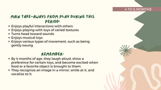 4 TO 6 MONTHS
Enjoys playful interactions with others
Enjoys playing with toys of varied textures
Turns head toward sounds
Enjoys musical toys
Enjoys various types of movement, such as being
gently swung
main take-aways from play during this
period:
By 4 months of age, they laugh aloud, show a
preference for certain toys, and become excited when
food or a favorite object is brought to them.
They recognize an image in a mirror, smile at it, and
vocalize to it.
remember:
 