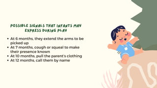 At 6 months, they extend the arms to be
picked up
At 7 months, cough or squeal to make
their presence known
At 10 months, pull the parent’s clothing
At 12 months, call them by name
Possible signals that infants may
express during play
 