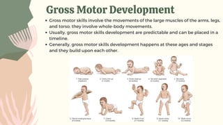Gross Motor Development
Gross motor skills involve the movements of the large muscles of the arms, legs,
and torso; they involve whole-body movements.
Usually, gross motor skills development are predictable and can be placed in a
timeline.
Generally, gross motor skills development happens at these ages and stages
and they build upon each other.
 