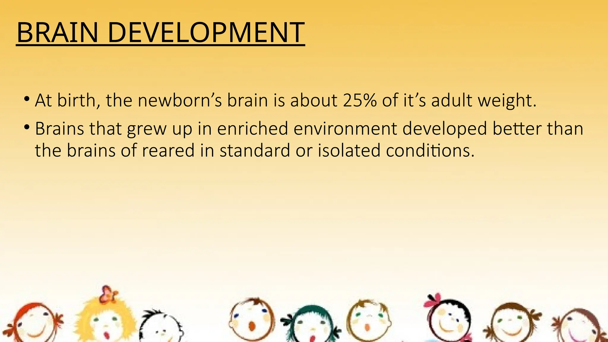 BRAIN DEVELOPMENT
• At birth, the newborn’s brain is about 25% of it’s adult weight.
• Brains that grew up in enriched environment developed better than
the brains of reared in standard or isolated conditions.
 