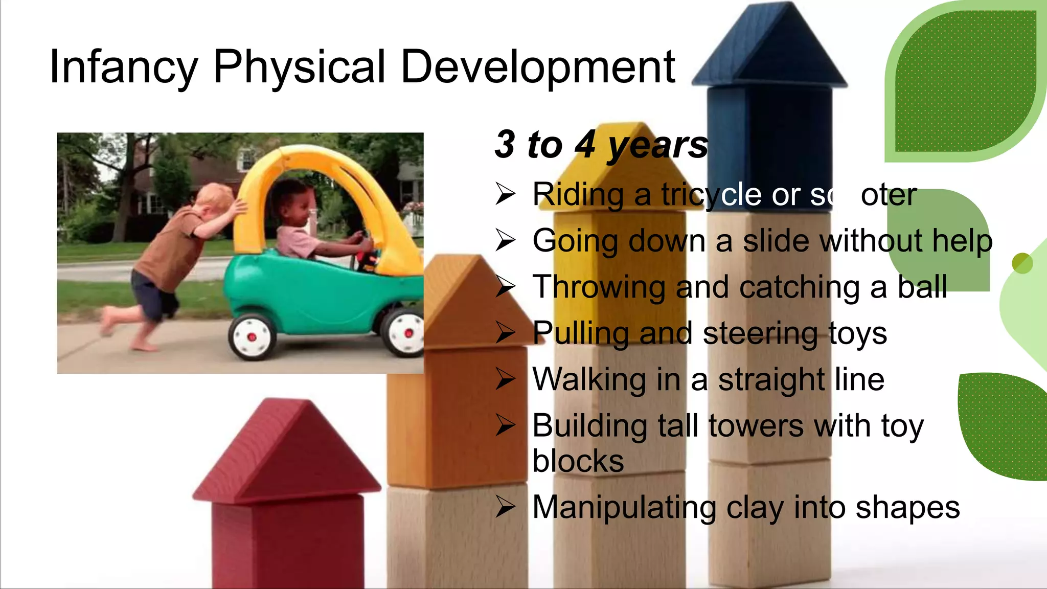 Infancy Physical Development
3 to 4 years
 Riding a tricycle or scooter
 Going down a slide without help
 Throwing and catching a ball
 Pulling and steering toys
 Walking in a straight line
 Building tall towers with toy
blocks
 Manipulating clay into shapes
 