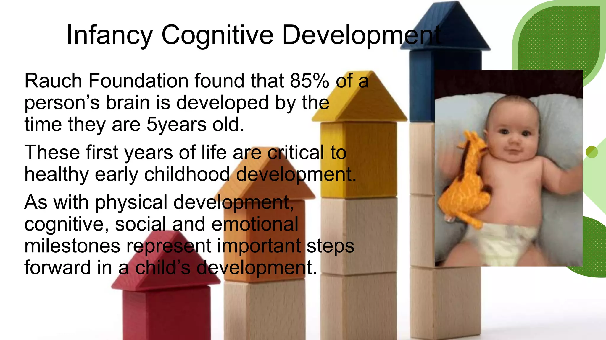 Infancy Cognitive Development
Rauch Foundation found that 85% of a
person’s brain is developed by the
time they are 5years old.
These first years of life are critical to
healthy early childhood development.
As with physical development,
cognitive, social and emotional
milestones represent important steps
forward in a child’s development.
 