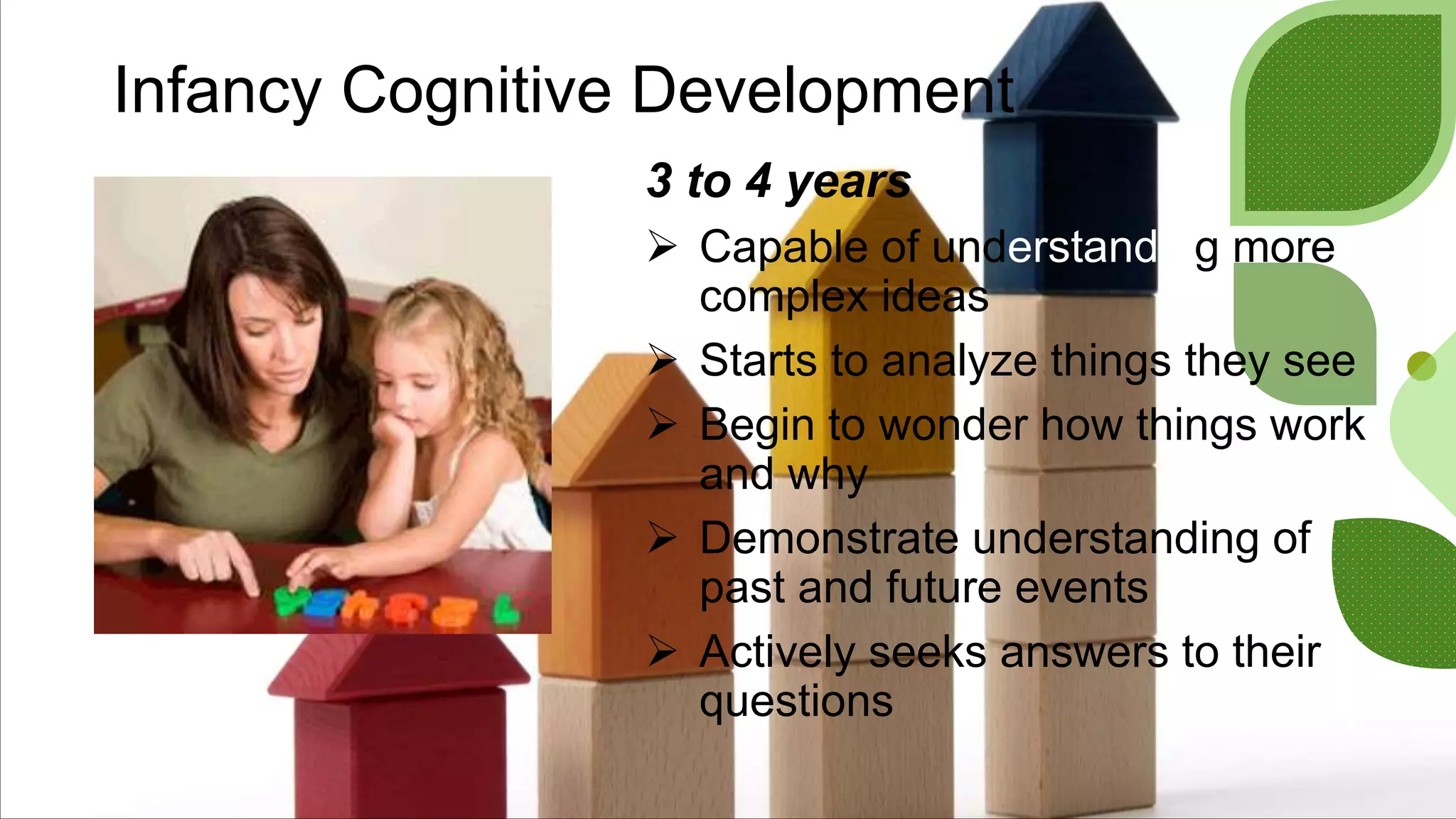 Infancy Cognitive Development
3 to 4 years
 Capable of understanding more
complex ideas
 Starts to analyze things they see
 Begin to wonder how things work
and why
 Demonstrate understanding of
past and future events
 Actively seeks answers to their
questions
 