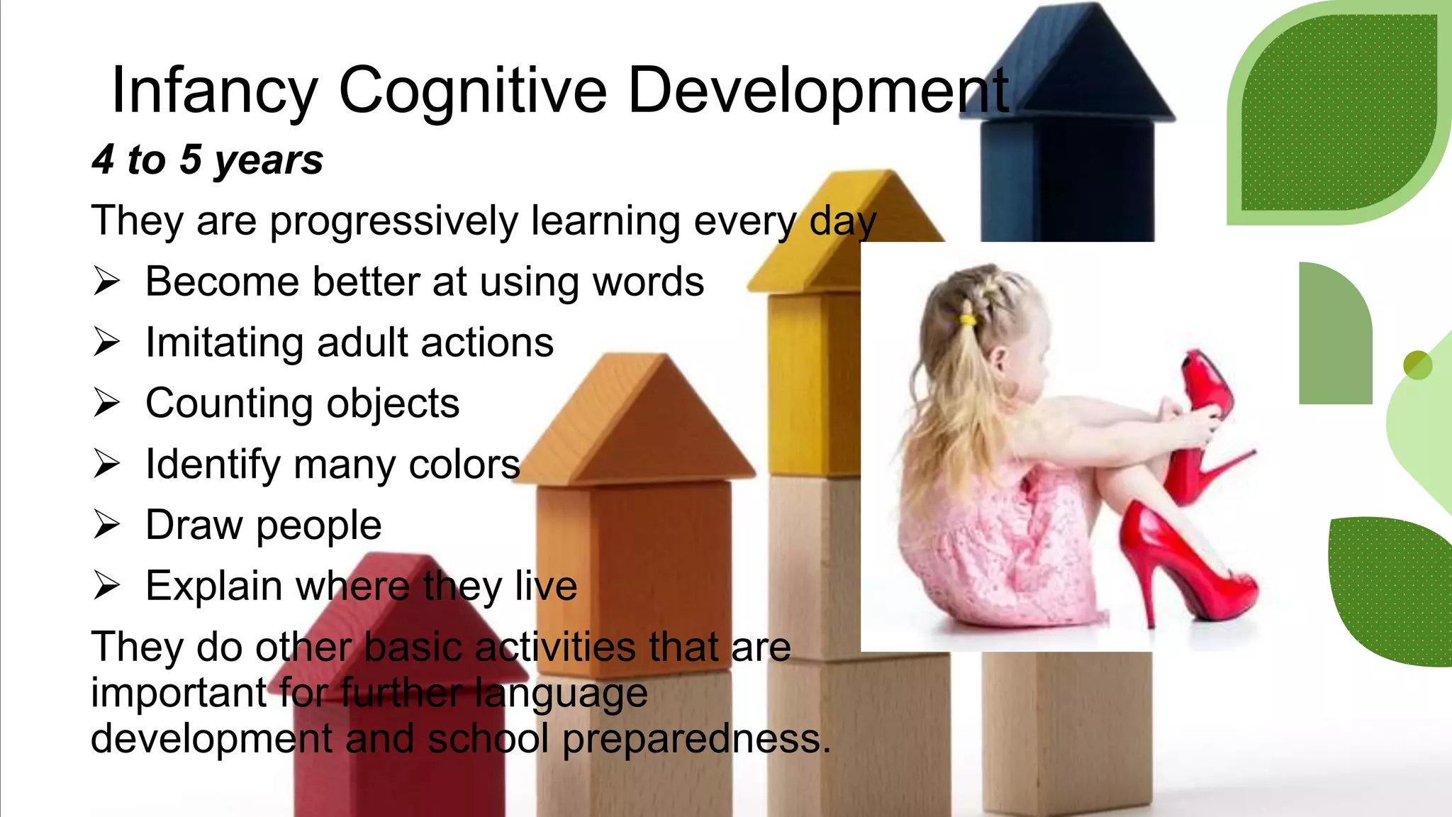 Infancy Cognitive Development
4 to 5 years
They are progressively learning every day
 Become better at using words
 Imitating adult actions
 Counting objects
 Identify many colors
 Draw people
 Explain where they live
They do other basic activities that are
important for further language
development and school preparedness.
 