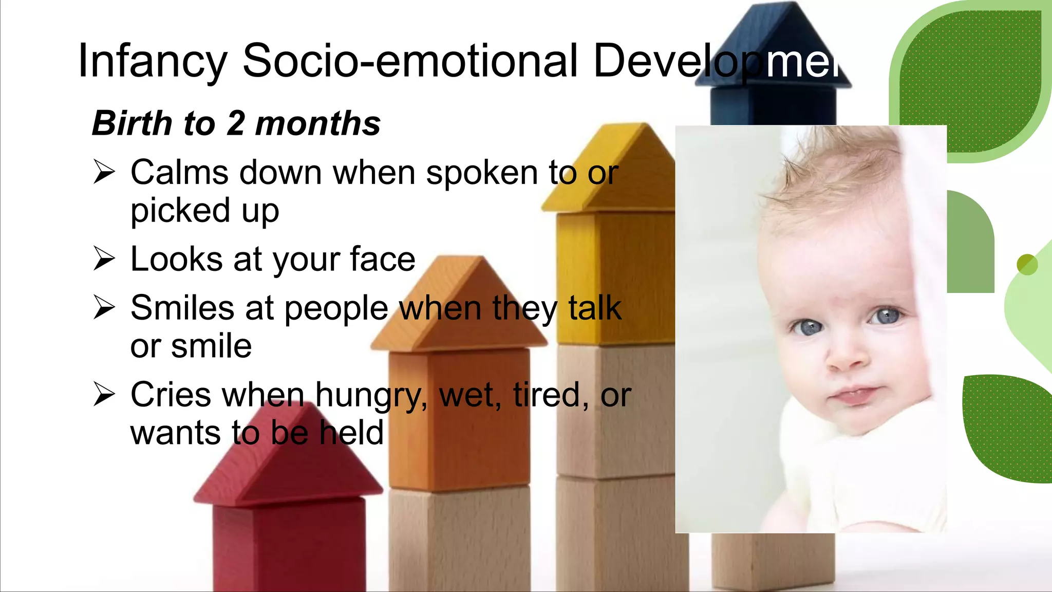 Infancy Socio-emotional Development
Birth to 2 months
 Calms down when spoken to or
picked up
 Looks at your face
 Smiles at people when they talk
or smile
 Cries when hungry, wet, tired, or
wants to be held
 