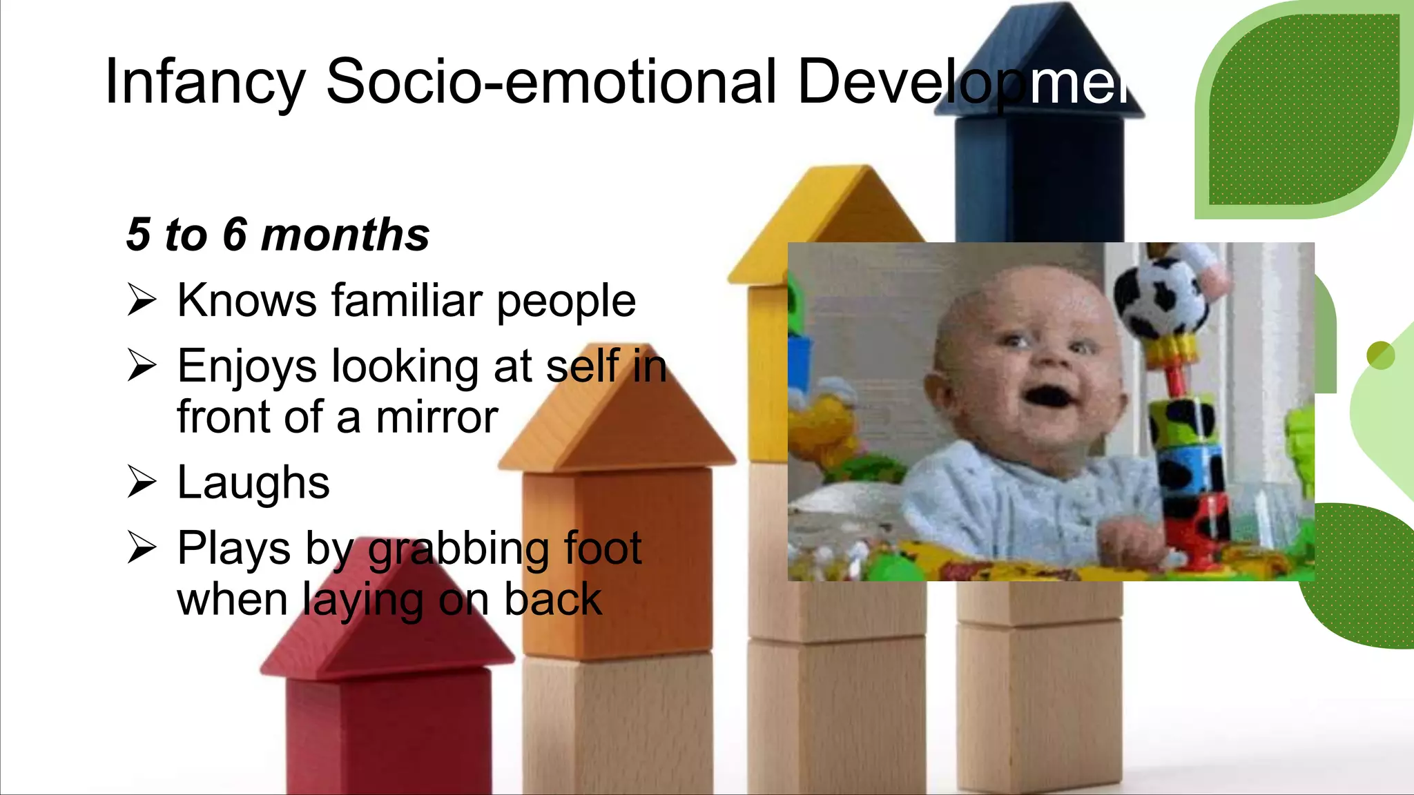 Infancy Socio-emotional Development
5 to 6 months
 Knows familiar people
 Enjoys looking at self in
front of a mirror
 Laughs
 Plays by grabbing foot
when laying on back
 