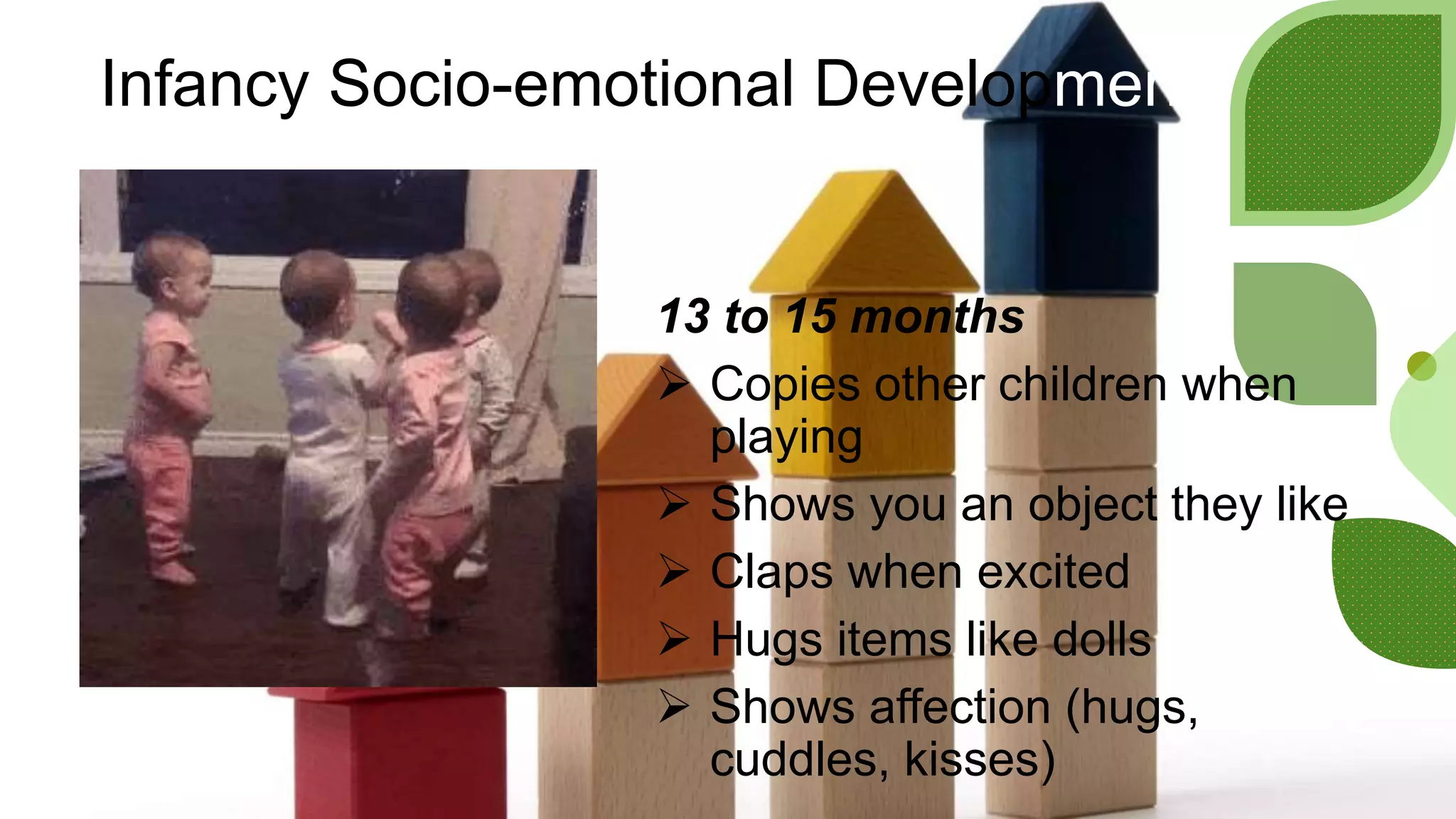 Infancy Socio-emotional Development
13 to 15 months
 Copies other children when
playing
 Shows you an object they like
 Claps when excited
 Hugs items like dolls
 Shows affection (hugs,
cuddles, kisses)
 