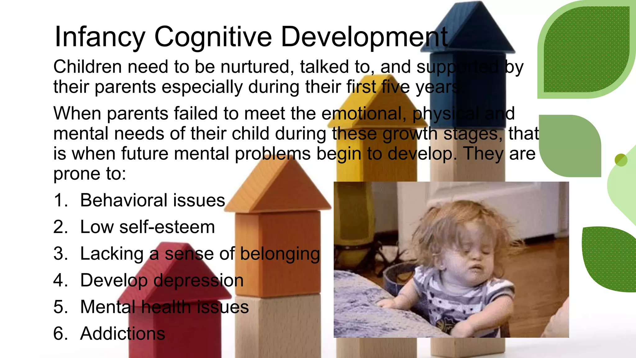 Infancy Cognitive Development
Children need to be nurtured, talked to, and supported by
their parents especially during their first five years.
When parents failed to meet the emotional, physical and
mental needs of their child during these growth stages, that
is when future mental problems begin to develop. They are
prone to:
1. Behavioral issues
2. Low self-esteem
3. Lacking a sense of belonging
4. Develop depression
5. Mental health issues
6. Addictions
 