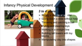 Infancy Physical Development
3 to 4 years
 Riding a tricycle or scooter
 Going down a slide without help
 Throwing and catching a ball
 Pulling and steering toys
 Walking in a straight line
 Building tall towers with toy
blocks
 Manipulating clay into shapes
 