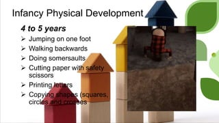 Infancy Physical Development
4 to 5 years
 Jumping on one foot
 Walking backwards
 Doing somersaults
 Cutting paper with safety
scissors
 Printing letters
 Copying shapes (squares,
circles and crosses
 
