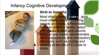 Infancy Cognitive Development
Birth to 3months
Most infants starts to see objects
more clearly, focus on moving
objects and faces, differentiate
between different tastes, detect
differences in pitch and volume,
begin to see colors, demonstrates
facial expressions and anticipatory
behaviors, such as rooting and
sucking at the site of a nipple or
bottle.
 