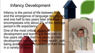 Infancy Development
Infancy is the period of life between birth
and the emergence of language roughly one
and one half to two years later and thus
encompasses only about 2% of the average
person’s life expectancy.
One of the most critical stages of
development and learning is from birth to
five years old. The first five years of child
development are crucial to their health, well
being and the overall trajectory of their lives
in a variety of ways.
 