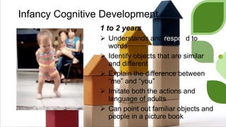 Infancy Cognitive Development
1 to 2 years
 Understands and respond to
words
 Identify objects that are similar
and different
 Explain the difference between
“me” and “you”
 Imitate both the actions and
language of adults
 Can point out familiar objects and
people in a picture book
 
