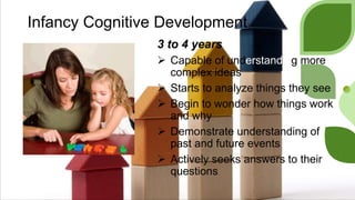 Infancy Cognitive Development
3 to 4 years
 Capable of understanding more
complex ideas
 Starts to analyze things they see
 Begin to wonder how things work
and why
 Demonstrate understanding of
past and future events
 Actively seeks answers to their
questions
 