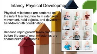 Infancy Physical Development
Physical milestones are centered on
the infant learning how to master self-
movement, hold objects, and develop
hand-to-mouth coordination.
Because rapid growth takes place
before the age of one, milestones are
characterized by months.
 