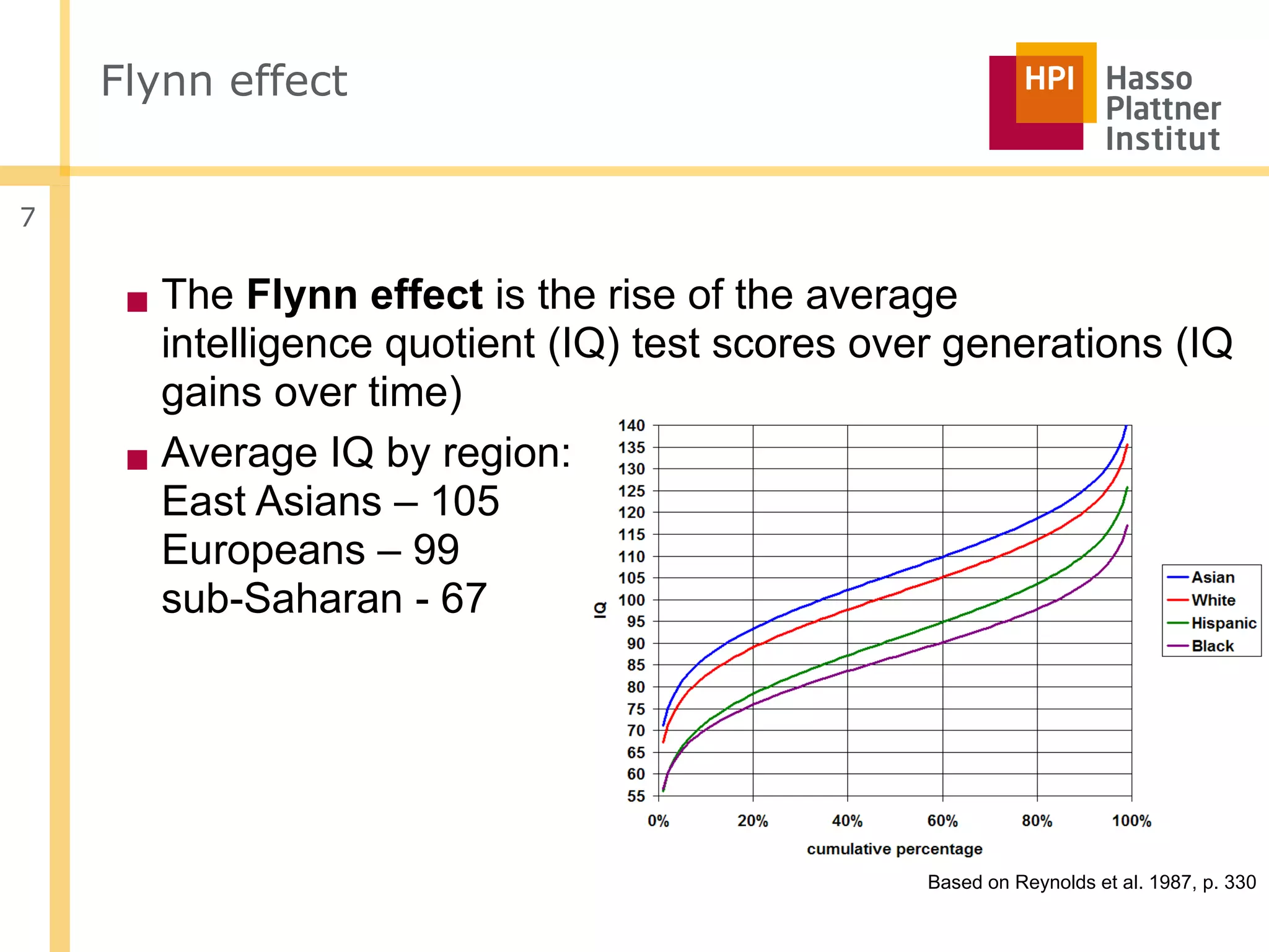 Flynn effect


7


     ■ The Flynn effect is the rise of the average
       intelligence quotient (IQ) test scores over generations (IQ
       gains over time)
     ■ Average IQ by region:
       East Asians – 105
       Europeans – 99
       sub-Saharan - 67




                                                 Based on Reynolds et al. 1987, p. 330
 