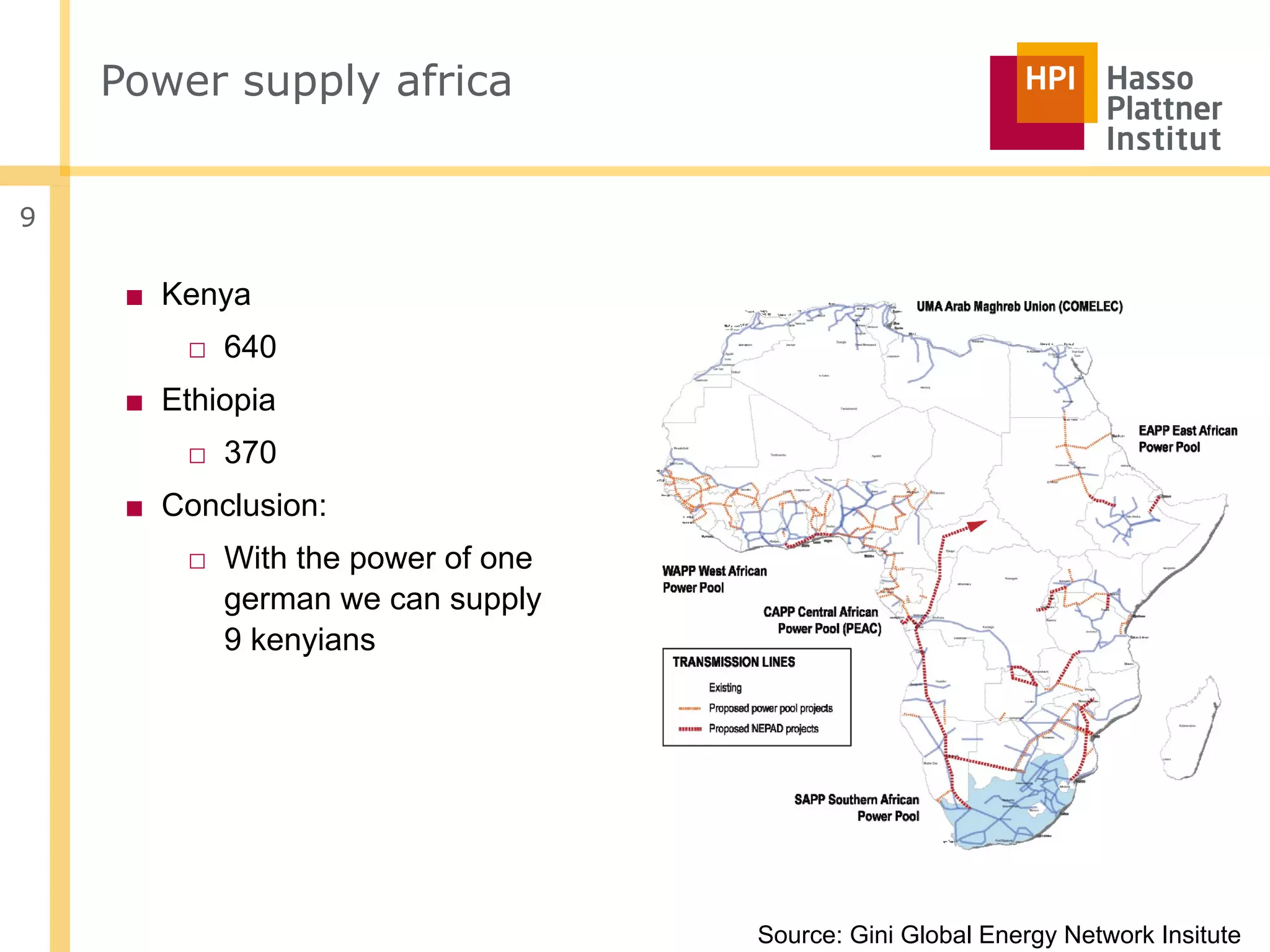 Power supply africa


9

     ■ Kenya
         □ 640
     ■ Ethiopia
         □ 370
     ■ Conclusion:
         □ With the power of one
           german we can supply
           9 kenyians




                                   Source: Gini Global Energy Network Insitute
 