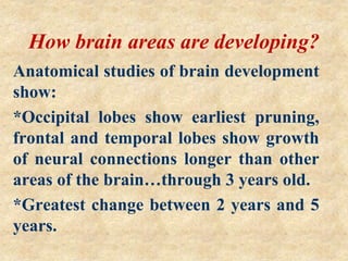 How brain areas are developing?
Anatomical studies of brain development
show:
*Occipital lobes show earliest pruning,
frontal and temporal lobes show growth
of neural connections longer than other
areas of the brain…through 3 years old.
*Greatest change between 2 years and 5
years.
 