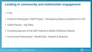 Nestlé Investor Seminar 201421 June 3rd & 4th, Boston
 FiTS
 Invited to Participate in B24 Project – Developing Dietary Guidelines for 0-24
 USDA Partner – My Plate
 Founding Sponsor of the AAP Institute to Battle Childhood Obesity
 Community Partnerships: “Nestlé Now”, Newark & Alabama
Leading in community and stakeholder engagement
 