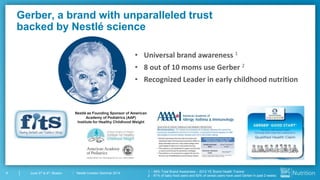 Nestlé Investor Seminar 20149 June 3rd & 4th, Boston
• Universal brand awareness 1
• 8 out of 10 moms use Gerber 2
• Recognized Leader in early childhood nutrition
Nestlé as Founding Sponsor of American
Academy of Pediatrics (AAP)
Institute for Healthy Childhood Weight
Gerber, a brand with unparalleled trust
backed by Nestlé science
1 - 98% Total Brand Awareness – 2012 YE Brand Health Tracker
2 - 81% of baby food users and 83% of cereal users have used Gerber in past 2 weeks
 