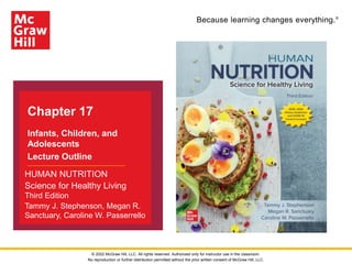 Because learning changes everything.®
Chapter 17
Infants, Children, and
Adolescents
Lecture Outline
HUMAN NUTRITION
Science for Healthy Living
Third Edition
Tammy J. Stephenson, Megan R.
Sanctuary, Caroline W. Passerrello
© 2022 McGraw Hill, LLC. All rights reserved. Authorized only for instructor use in the classroom.
No reproduction or further distribution permitted without the prior written consent of McGraw Hill, LLC.
 