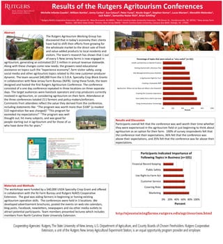 Results of the Rutgers Agritourism Conferences
                             Michelle Infante-Casella1, William Bamka1, Jenny Carleo1, Sue Colucci2, Peter Furey3, Nicole Goger3, Stephen Komar1, Lucas Marxen1, Meredith Melendez1,
                                                                                Jack Rabin1, Samantha Rozier Rich4, Brian Schilling1
                             1 Rutgers   NJAES Coperative Extension, 88 Lipman Dr., New Brunswick, NJ 08901; 2 North Carolina State University Extension, 740 Glover St., Hendersonville, NC 28792; 3 New Jersey Farm
                                                         Bureau, 168 West State Street, Trenton, New Jersey 08608; 4 North Carolina State University, Campus Box 8004, Raleigh, NC 27695;



Abstract
                                  The Rutgers Agritourism Working Group has
                                  discovered that in today’s economy their clients
                                  have had to shift their efforts from growing for
                                  the wholesale market to the direct sale of fresh
                                  and value-added products to local residents and
                                  visitors. The team’s research has shown that 1 out
                                  of every 5 New Jersey farms is now engaged in
agritourism, generating an estimated $57.5 million in annual revenue statewide.
Along with these changes come new needs: the growers need educational
assistance on topics such the “experience economy”, farm visitor safety, using
social media and other agritourism topics related to this new customer-producer
dynamic. The team secured $40,000 from the U.S.D.A. Specialty Crop Block Grants
in collaboration with New Jersey Farm Bureau (NJFB). Using these funds, the team
designed and hosted the first Rutgers Agritourism Conference. The conference
consisted of a one day conference repeated in three locations on three separate
days. The target audiences were livestock operators and crop producers currently
involved in agritourism, or considering agritourism on their farm. Attendance at
the three conferences totaled 211 farmers and policy-makers/enforcers.
Comments from attendees reflect the value they derived from the conference,
including statements like: “The program was worth more than $100” (a modest
$10 registration fee was charged)! “This program far
exceeded my expectations!” “The program was well
thought out, hit many subjects, and was good for
                                                                                                              Results and Discussion
people starting out in agritourism and for those of us
                                                                                                              Participants overall felt that the conference was well worth their time whether
who have done this for years.”
                                                                                                              they were experienced in the agritourism field or just beginning to think about
                                                                                                              agritourism as an option for their farm. 100% of survey respondents felt that
                                                                                                              the conference met their expectations, 36% felt that the conference was
                                                                                                              above their expectations, and 35% felt that the conference was far above their
                                                                                                              expectations.




Materials and Methods
The workshops were funded by a $40,000 USDA Specialty Crop Grant and offered
in collaboration with the NJ Farm Bureau and Rutgers NJAES Cooperative
Extension. The goal was aiding farmers in beginning or honing existing
agritourism operation skills. The conferences were held in 3 locations. We
developed advertisement brochures, posted the events on web site calendars,
blog posts, Facebook, newsletters, newspapers and via other media outlets to
attract potential participants. Team members presented lectures which includes
                                                                                                              http://njsustainingfarms.rutgers.edu/agritourism.html
members from North Carolina State University Extension.
 