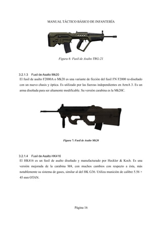 MANUAL TÁCTICO BÁSICO DE INFANTERÍA
3.2.1.3 Fusil de Asalto Mk20
El fusil de asalto F2000A o Mk20 es una variante de ficción del fusil FN F2000 re-diseñado
con un nuevo chasis y óptica. Es utilizado por las fuerzas independientes en ArmA 3. Es un
arma diseñada para ser altamente modificable. Su versión carabina es la Mk20C.
3.2.1.4 Fusil de Asalto HK416
El HK416 es un fusil de asalto diseñado y manufacturado por Heckler & Koch. Es una
versión mejorada de la carabina M4, con muchos cambios con respecto a ésta, más
notablemente su sistema de gases, similar al del HK G36. Utiliza munición de calibre 5.56 ×
45 mm OTAN.
Página 16
Figura 6: Fusil de Asalto TRG-21
 
