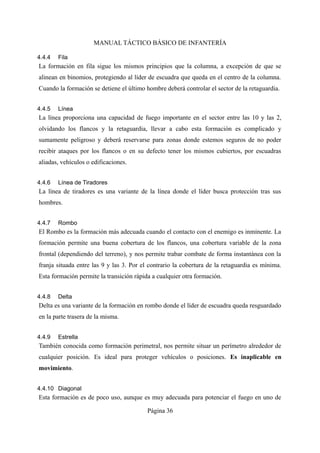 MANUAL TÁCTICO BÁSICO DE INFANTERÍA
4.4.4 Fila
La formación en fila sigue los mismos principios que la columna, a excepción de que se
alinean en binomios, protegiendo al líder de escuadra que queda en el centro de la columna.
Cuando la formación se detiene el último hombre deberá controlar el sector de la retaguardia.
4.4.5 Línea
La línea proporciona una capacidad de fuego importante en el sector entre las 10 y las 2,
olvidando los flancos y la retaguardia, llevar a cabo esta formación es complicado y
sumamente peligroso y deberá reservarse para zonas donde estemos seguros de no poder
recibir ataques por los flancos o en su defecto tener los mismos cubiertos, por escuadras
aliadas, vehículos o edificaciones.
4.4.6 Línea de Tiradores
La línea de tiradores es una variante de la línea donde el líder busca protección tras sus
hombres.
4.4.7 Rombo
El Rombo es la formación más adecuada cuando el contacto con el enemigo es inminente. La
formación permite una buena cobertura de los flancos, una cobertura variable de la zona
frontal (dependiendo del terreno), y nos permite trabar combate de forma instantánea con la
franja situada entre las 9 y las 3. Por el contrario la cobertura de la retaguardia es mínima.
Esta formación permite la transición rápida a cualquier otra formación.
4.4.8 Delta
Delta es una variante de la formación en rombo donde el líder de escuadra queda resguardado
en la parte trasera de la misma.
4.4.9 Estrella
También conocida como formación perimetral, nos permite situar un perímetro alrededor de
cualquier posición. Es ideal para proteger vehículos o posiciones. Es inaplicable en
movimiento.
4.4.10 Diagonal
Esta formación es de poco uso, aunque es muy adecuada para potenciar el fuego en uno de
Página 36
 