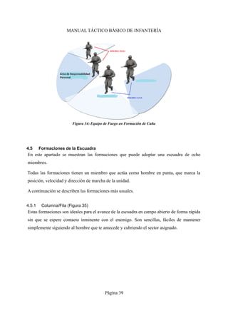 MANUAL TÁCTICO BÁSICO DE INFANTERÍA
4.5 Formaciones de la Escuadra
En este apartado se muestran las formaciones que puede adoptar una escuadra de ocho
miembros.
Todas las formaciones tienen un miembro que actúa como hombre en punta, que marca la
posición, velocidad y dirección de marcha de la unidad.
A continuación se describen las formaciones más usuales.
4.5.1 Columna/Fila (Figura 35)
Estas formaciones son ideales para el avance de la escuadra en campo abierto de forma rápida
sin que se espere contacto inminente con el enemigo. Son sencillas, fáciles de mantener
simplemente siguiendo al hombre que te antecede y cubriendo el sector asignado.
Página 39
 