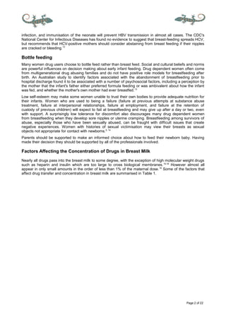 Page 2 of 22
infection, and immunisation of the neonate will prevent HBV transmission in almost all cases. The CDC's
National Center for Infectious Diseases has found no evidence to suggest that breast-feeding spreads HCV,
but recommends that HCV-positive mothers should consider abstaining from breast feeding if their nipples
are cracked or bleeding.12
Bottle feeding
Many women drug users choose to bottle feed rather than breast feed. Social and cultural beliefs and norms
are powerful influences on decision making about early infant feeding. Drug dependent women often come
from multigenerational drug abusing families and do not have positive role models for breastfeeding after
birth. An Australian study to identify factors associated with the abandonment of breastfeeding prior to
hospital discharge found it to be associated with a number of psychosocial factors, including a perception by
the mother that the infant's father either preferred formula feeding or was ambivalent about how the infant
was fed, and whether the mother's own mother had ever breastfed.13
Low self-esteem may make some women unable to trust their own bodies to provide adequate nutrition for
their infants. Women who are used to being a failure (failure at previous attempts at substance abuse
treatment, failure at interpersonal relationships, failure at employment, and failure at the retention of
custody of previous children) will expect to fail at breastfeeding and may give up after a day or two, even
with support. A surprisingly low tolerance for discomfort also discourages many drug dependent women
from breastfeeding when they develop sore nipples or uterine cramping. Breastfeeding among survivors of
abuse, especially those who have been sexually abused, can be fraught with difficult issues that create
negative experiences. Women with histories of sexual victimisation may view their breasts as sexual
objects not appropriate for contact with newborns.5, 14
Parents should be supported to make an informed choice about how to feed their newborn baby. Having
made their decision they should be supported by all of the professionals involved.
Factors Affecting the Concentration of Drugs in Breast Milk
Nearly all drugs pass into the breast milk to some degree, with the exception of high molecular weight drugs
such as heparin and insulin which are too large to cross biological membranes.15-18
However almost all
appear in only small amounts in the order of less than 1% of the maternal dose.19
Some of the factors that
affect drug transfer and concentration in breast milk are summarised in Table 1.
 