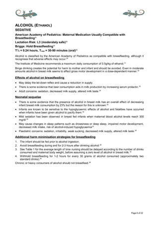 Page 8 of 22
ALCOHOL (ETHANOL)
SEDATIVE
American Academy of Pediatrics: Maternal Medication Usually Compatible with
Breastfeeding20
Lactation Risk: L3 (moderately safe)29
Briggs: Hold Breastfeeding30
T½ = 0.24 hours, Tmax = 30-90 minutes (oral)29
Alcohol is classified by the American Academy of Pediatrics as compatible with breastfeeding, although it
recognises that adverse effects may occur.20
The Institute of Medicine recommends a maximum daily consumption of 0.5g/kg of ethanol.31
Binge drinking creates the potential for harm to mother and infant and should be avoided. Even in moderate
amounts alcohol in breast milk seems to affect gross motor development in a dose-dependent manner.32
Effects of alcohol on breastfeeding
• May delay the let-down reflex and cause a reduction in supply.
• There is some evidence that beer consumption aids in milk production by increasing serum prolactin.32
• Adult concerns: sedation, decreased milk supply, altered milk taste.29
Neonatal sequelae
• There is some evidence that the presence of alcohol in breast milk has an overall effect of decreasing
infant breast milk consumption by 23% but the reason for this is unknown.32
• Infants are known to be sensitive to the hypoglycaemic effects of alcohol and fatalities have occurred
when infants have been given alcohol to pacify them.32
• Mild sedation has been observed in breast fed infants when maternal blood alcohol levels reach 300
mg/dl.30
• May cause changes in sleep patterns such as drowsiness or deep sleep, impaired motor development,
decreased milk intake, risk of alcohol-induced hypoglycaemia32
• Paediatric concerns: sedation, irritability, weak sucking, decreased milk supply, altered milk taste.29
Additional harm minimisation strategies for breastfeeding
1. The infant should be fed prior to alcohol ingestion.
2. Avoid breastfeeding during and for 2-3 hours after drinking alcohol.29
3. See Table 1 for the average length of time nursing should be delayed according to the number of drinks
consumed and maternal body weight, before assuming a zero level of alcohol in breast milk.32
4. Withhold breastfeeding for 1-2 hours for every 30 grams of alcohol consumed (approximately two
standard drinks).30
Chronic or heavy consumers of alcohol should not breastfeed.29
 