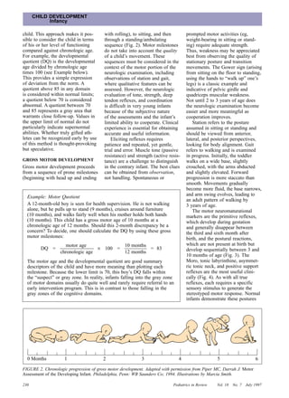 CHILD DEVELOPMENT
            Infancy

child. This approach makes it pos-       with rolling), to sitting, and then       prompted motor activities (eg,
sible to consider the child in terms     through a standing/ambulating             weight-bearing in sitting or stand-
of his or her level of functioning       sequence (Fig. 2). Motor milestones       ing) require adequate strength.
compared against chronologic age.        do not take into account the quality      Thus, weakness may be appreciated
For example, the developmental           of a child’s movement. These              best from observing the quality of
quotient (DQ) is the developmental       sequences must be considered in the       stationary posture and transition
age divided by chronologic age           context of the motor portion of the       movements. The Gower sign (arising
times 100 (see Example below).           neurologic examination, including         from sitting on the floor to standing,
This provides a simple expression        observations of station and gait,         using the hands to “walk up” one’s
of deviation from the norm. A            where qualitative features can be         legs) is a classic example and
quotient above 85 in any domain          assessed. However, the neurologic         indicative of pelvic girdle and
is considered within normal limits;      evaluation of tone, strength, deep        quadriceps muscular weakness.
a quotient below 70 is considered        tendon reflexes, and coordination         Not until 2 to 3 years of age does
abnormal. A quotient between 70          is difficult in very young infants        the neurologic examination become
and 85 represents a gray area that       because of the subjective nature          easier and more meaningful as
warrants close follow-up. Values in      of the assessments and the infant’s       cooperation improves.
the upper limit of normal do not         limited ability to cooperate. Clinical       Station refers to the posture
particularly indicate supernormal        experience is essential for obtaining     assumed in sitting or standing and
abilities. Whether truly gifted ath-     accurate and useful information.          should be viewed from anterior,
letes can be recognized early by use         Eliciting reflexes requires           lateral, and posterior perspectives,
of this method is thought-provoking      patience and repeated, yet gentle,        looking for body alignment. Gait
but speculative.                         trial and error. Muscle tone (passive     refers to walking and is examined
                                         resistance) and strength (active resis-   in progress. Initially, the toddler
GROSS MOTOR DEVELOPMENT                  tance) are a challenge to distinguish     walks on a wide base, slightly
Gross motor development proceeds         in the contrary infant. The best clues    crouched, with the arms abducted
from a sequence of prone milestones      can be obtained from observation,         and slightly elevated. Forward
(beginning with head up and ending       not handling. Spontaneous or              progression is more staccato than
                                                                                   smooth. Movements gradually
                                                                                   become more fluid, the base narrows,
  Example: Motor Quotient                                                          and arm swing evolves, leading to
                                                                                   an adult pattern of walking by
  A 12-month-old boy is seen for health supervision. He is not walking             3 years of age.
  alone, but he pulls up to stand (9 months), cruises around furniture                The motor neuromaturational
  (10 months), and walks fairly well when his mother holds both hands              markers are the primitive reflexes,
  (10 months). This child has a gross motor age of 10 months at a                  which develop during gestation
  chronologic age of 12 months. Should this 2-month discrepancy be a               and generally disappear between
  concern? To decide, one should calculate the DQ by using these gross             the third and sixth month after
  motor milestones:                                                                birth, and the postural reactions,
                    motor age             10 months                                which are not present at birth but
         DQ =                     × 100 =           = 83                           develop sequentially between 3 and
                  chronologic age         12 months
                                                                                   10 months of age (Fig. 3). The
  The motor age and the developmental quotient are good summary                    Moro, tonic labyrinthine, asymmet-
  descriptors of the child and have more meaning than plotting each                ric tonic neck, and positive support
  milestone. Because the lower limit is 70, this boy’s DQ falls within             reflexes are the most useful clini-
  the “suspect” or gray zone. In reality, infants falling into the gray zone       cally (Fig. 4). As with all true
  of motor domains usually do quite well and rarely require referral to an         reflexes, each requires a specific
  early intervention program. This is in contrast to those falling in the          sensory stimulus to generate the
  gray zones of the cognitive domains.                                             stereotyped motor response. Normal
                                                                                   infants demonstrate these postures




  0 Months           1                  2                   3                  4                   5                      6

FIGURE 2. Chronologic progression of gross motor development. Adapted with permission from Piper MC, Darrah J. Motor
Assessment of the Developing Infant. Philadelphia, Penn: WB Saunders Co; 1994. Illustrations by Marcia Smith.

230                                                                         Pediatrics in Review   Vol. 18   No. 7   July 1997
 