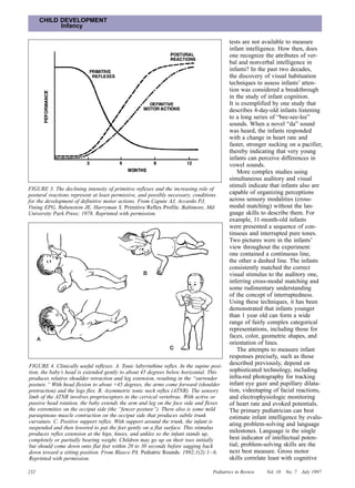 CHILD DEVELOPMENT
            Infancy

                                                                                          tests are not available to measure
                                                                                          infant intelligence. How then, does
                                                                                          one recognize the attributes of ver-
                                                                                          bal and nonverbal intelligence in
                                                                                          infants? In the past two decades,
                                                                                          the discovery of visual habituation
                                                                                          techniques to assess infants’ atten-
                                                                                          tion was considered a breakthrough
                                                                                          in the study of infant cognition.
                                                                                          It is exemplified by one study that
                                                                                          describes 4-day-old infants listening
                                                                                          to a long series of “bee-see-lee”
                                                                                          sounds. When a novel “da” sound
                                                                                          was heard, the infants responded
                                                                                          with a change in heart rate and
                                                                                          faster, stronger sucking on a pacifier,
                                                                                          thereby indicating that very young
                                                                                          infants can perceive differences in
                                                                                          vowel sounds.
                                                                                              More complex studies using
                                                                                          simultaneous auditory and visual
                                                                                          stimuli indicate that infants also are
FIGURE 3. The declining intensity of primitive reflexes and the increasing role of
postural reactions represent at least permissive, and possibly necessary, conditions      capable of organizing perceptions
for the development of definitive motor actions. From Capute AJ, Accardo PJ,              across sensory modalities (cross-
Vining EPG, Rubenstein JE, Harryman S. Primitive Reflex Profile. Baltimore, Md:           modal matching) without the lan-
University Park Press; 1978. Reprinted with permission.                                   guage skills to describe them. For
                                                                                          example, 11-month-old infants
                                                                                          were presented a sequence of con-
                                                                                          tinuous and interrupted pure tones.
                                                                                          Two pictures were in the infants’
                                                                                          view throughout the experiment:
                                                                                          one contained a continuous line,
                                                                                          the other a dashed line. The infants
                                                                                          consistently matched the correct
                                                                                          visual stimulus to the auditory one,
                                                                                          inferring cross-modal matching and
                                                                                          some rudimentary understanding
                                                                                          of the concept of interruptedness.
                                                                                          Using these techniques, it has been
                                                                                          demonstrated that infants younger
                                                                                          than 1 year old can form a wide
                                                                                          range of fairly complex categorical
                                                                                          representations, including those for
                                                                                          faces, color, geometric shapes, and
                                                                                          orientation of lines.
                                                                                              The attempts to measure infant
                                                                                          responses precisely, such as those
FIGURE 4. Clinically useful reflexes. A. Tonic labyrinthine reflex. In the supine posi-
                                                                                          described previously, depend on
tion, the baby’s head is extended gently to about 45 degrees below horizontal. This       sophisticated technology, including
produces relative shoulder retraction and leg extension, resulting in the “surrender      infra-red photography for tracking
posture.” With head flexion to about +45 degrees, the arms come forward (shoulder         infant eye gaze and pupillary dilata-
protraction) and the legs flex. B. Asymmetric tonic neck reflex (ATNR). The sensory       tion, videotaping of facial reactions,
limb of the ATNR involves proprioceptors in the cervical vertebrae. With active or        and electrophysiologic monitoring
passive head rotation, the baby extends the arm and leg on the face side and flexes       of heart rate and evoked potentials.
the extremities on the occiput side (the “fencer posture”). There also is some mild       The primary pediatrician can best
paraspinous muscle contraction on the occiput side that produces subtle trunk             estimate infant intelligence by evalu-
curvature. C. Positive support reflex. With support around the trunk, the infant is       ating problem-solving and language
suspended and then lowered to pat the feet gently on a flat surface. This stimulus
produces reflex extension at the hips, knees, and ankles so the infant stands up,
                                                                                          milestones. Language is the single
completely or partially bearing weight. Children may go up on their toes initially        best indicator of intellectual poten-
but should come down onto flat feet within 20 to 30 seconds before sagging back           tial; problem-solving skills are the
down toward a sitting position. From Blasco PA. Pediatric Rounds. 1992;1(2):1– 6.         next best measure. Gross motor
Reprinted with permission.                                                                skills correlate least with cognitive

232                                                                               Pediatrics in Review   Vol. 18   No. 7   July 1997
 