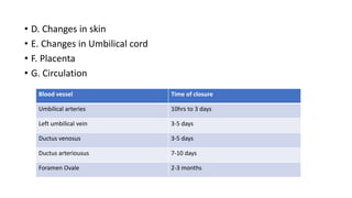 • D. Changes in skin
• E. Changes in Umbilical cord
• F. Placenta
• G. Circulation
Blood vessel Time of closure
Umbilical arteries 10hrs to 3 days
Left umbilical vein 3-5 days
Ductus venosus 3-5 days
Ductus arteriousus 7-10 days
Foramen Ovale 2-3 months
 