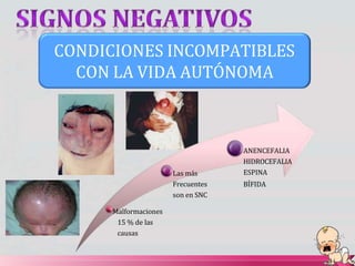 CONDICIONES INCOMPATIBLES
CON LA VIDA AUTÓNOMA
Malformaciones
15 % de las
causas
Las más
Frecuentes
son en SNC
ANENCEFALIA
HIDROCEFALIA
ESPINA
BÍFIDA
 