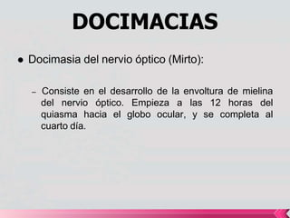 DOCIMACIAS
 Docimasia del nervio óptico (Mirto):
– Consiste en el desarrollo de la envoltura de mielina
del nervio óptico. Empieza a las 12 horas del
quiasma hacia el globo ocular, y se completa al
cuarto día.
 