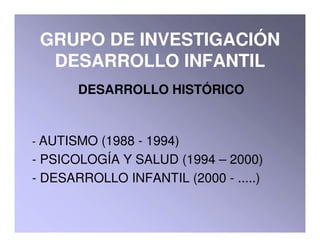 GRUPO DE INVESTIGACIÓN
  DESARROLLO INFANTIL
       DESARROLLO HISTÓRICO


- AUTISMO (1988 - 1994)
- PSICOLOGÍA Y SALUD (1994 – 2000)
- DESARROLLO INFANTIL (2000 - .....)
 
