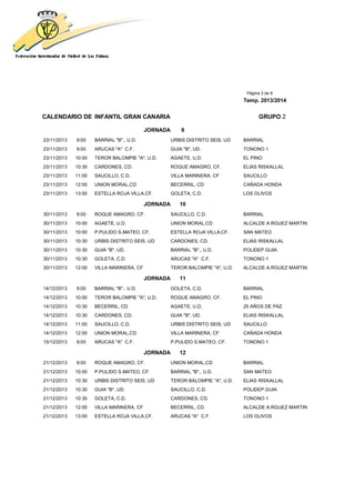 Página 3 de 8
Temp. 2013/2014
CALENDARIO DE INFANTIL GRAN CANARIA GRUPO 2
JORNADA 9
23/11/2013 9:00 BARRIAL "B"., U.D. URBIS DISTRITO SEIS, UD BARRIAL
23/11/2013 9:00 ARUCAS "A" C.F. GUIA "B", UD. TONONO 1
23/11/2013 10:00 TEROR BALOMPIE "A", U.D. AGAETE, U.D. EL PINO
23/11/2013 10:30 CARDONES, CD. ROQUE AMAGRO, CF. ELIAS RISKALLAL
23/11/2013 11:00 SAUCILLO, C.D. VILLA MARINERA, CF SAUCILLO
23/11/2013 12:00 UNION MORAL,CD BECERRIL, CD CAÑADA HONDA
23/11/2013 13:00 ESTELLA ROJA VILLA,CF. GOLETA, C.D. LOS OLIVOS
JORNADA 10
30/11/2013 9:00 ROQUE AMAGRO, CF. SAUCILLO, C.D. BARRIAL
30/11/2013 10:00 AGAETE, U.D. UNION MORAL,CD ALCALDE A.RGUEZ MARTIN
30/11/2013 10:00 P.PULIDO S.MATEO, CF. ESTELLA ROJA VILLA,CF. SAN MATEO
30/11/2013 10:30 URBIS DISTRITO SEIS, UD CARDONES, CD. ELIAS RISKALLAL
30/11/2013 10:30 GUIA "B", UD. BARRIAL "B"., U.D. POLIDEP.GUIA
30/11/2013 10:30 GOLETA, C.D. ARUCAS "A" C.F. TONONO 1
30/11/2013 12:00 VILLA MARINERA, CF TEROR BALOMPIE "A", U.D. ALCALDE A.RGUEZ MARTIN
JORNADA 11
14/12/2013 9:00 BARRIAL "B"., U.D. GOLETA, C.D. BARRIAL
14/12/2013 10:00 TEROR BALOMPIE "A", U.D. ROQUE AMAGRO, CF. EL PINO
14/12/2013 10:30 BECERRIL, CD AGAETE, U.D. 25 AÑOS DE PAZ
14/12/2013 10:30 CARDONES, CD. GUIA "B", UD. ELIAS RISKALLAL
14/12/2013 11:00 SAUCILLO, C.D. URBIS DISTRITO SEIS, UD SAUCILLO
14/12/2013 12:00 UNION MORAL,CD VILLA MARINERA, CF CAÑADA HONDA
15/12/2013 9:00 ARUCAS "A" C.F. P.PULIDO S.MATEO, CF. TONONO 1
JORNADA 12
21/12/2013 9:00 ROQUE AMAGRO, CF. UNION MORAL,CD BARRIAL
21/12/2013 10:00 P.PULIDO S.MATEO, CF. BARRIAL "B"., U.D. SAN MATEO
21/12/2013 10:30 URBIS DISTRITO SEIS, UD TEROR BALOMPIE "A", U.D. ELIAS RISKALLAL
21/12/2013 10:30 GUIA "B", UD. SAUCILLO, C.D. POLIDEP.GUIA
21/12/2013 10:30 GOLETA, C.D. CARDONES, CD. TONONO 1
21/12/2013 12:00 VILLA MARINERA, CF BECERRIL, CD ALCALDE A.RGUEZ MARTIN
21/12/2013 13:00 ESTELLA ROJA VILLA,CF. ARUCAS "A" C.F. LOS OLIVOS
 