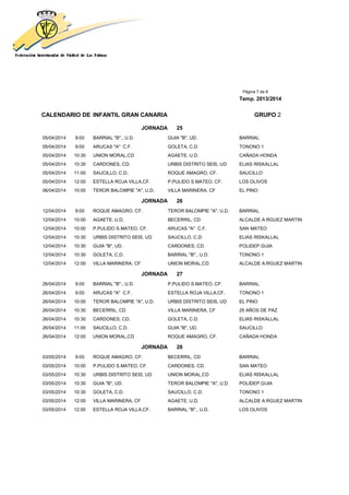 Página 7 de 8
Temp. 2013/2014
CALENDARIO DE INFANTIL GRAN CANARIA GRUPO 2
JORNADA 25
05/04/2014 9:00 BARRIAL "B"., U.D. GUIA "B", UD. BARRIAL
05/04/2014 9:00 ARUCAS "A" C.F. GOLETA, C.D. TONONO 1
05/04/2014 10:30 UNION MORAL,CD AGAETE, U.D. CAÑADA HONDA
05/04/2014 10:30 CARDONES, CD. URBIS DISTRITO SEIS, UD ELIAS RISKALLAL
05/04/2014 11:00 SAUCILLO, C.D. ROQUE AMAGRO, CF. SAUCILLO
05/04/2014 12:00 ESTELLA ROJA VILLA,CF. P.PULIDO S.MATEO, CF. LOS OLIVOS
06/04/2014 10:00 TEROR BALOMPIE "A", U.D. VILLA MARINERA, CF EL PINO
JORNADA 26
12/04/2014 9:00 ROQUE AMAGRO, CF. TEROR BALOMPIE "A", U.D. BARRIAL
12/04/2014 10:00 AGAETE, U.D. BECERRIL, CD ALCALDE A.RGUEZ MARTIN
12/04/2014 10:00 P.PULIDO S.MATEO, CF. ARUCAS "A" C.F. SAN MATEO
12/04/2014 10:30 URBIS DISTRITO SEIS, UD SAUCILLO, C.D. ELIAS RISKALLAL
12/04/2014 10:30 GUIA "B", UD. CARDONES, CD. POLIDEP.GUIA
12/04/2014 10:30 GOLETA, C.D. BARRIAL "B"., U.D. TONONO 1
12/04/2014 12:00 VILLA MARINERA, CF UNION MORAL,CD ALCALDE A.RGUEZ MARTIN
JORNADA 27
26/04/2014 9:00 BARRIAL "B"., U.D. P.PULIDO S.MATEO, CF. BARRIAL
26/04/2014 9:00 ARUCAS "A" C.F. ESTELLA ROJA VILLA,CF. TONONO 1
26/04/2014 10:00 TEROR BALOMPIE "A", U.D. URBIS DISTRITO SEIS, UD EL PINO
26/04/2014 10:30 BECERRIL, CD VILLA MARINERA, CF 25 AÑOS DE PAZ
26/04/2014 10:30 CARDONES, CD. GOLETA, C.D. ELIAS RISKALLAL
26/04/2014 11:00 SAUCILLO, C.D. GUIA "B", UD. SAUCILLO
26/04/2014 12:00 UNION MORAL,CD ROQUE AMAGRO, CF. CAÑADA HONDA
JORNADA 28
03/05/2014 9:00 ROQUE AMAGRO, CF. BECERRIL, CD BARRIAL
03/05/2014 10:00 P.PULIDO S.MATEO, CF. CARDONES, CD. SAN MATEO
03/05/2014 10:30 URBIS DISTRITO SEIS, UD UNION MORAL,CD ELIAS RISKALLAL
03/05/2014 10:30 GUIA "B", UD. TEROR BALOMPIE "A", U.D. POLIDEP.GUIA
03/05/2014 10:30 GOLETA, C.D. SAUCILLO, C.D. TONONO 1
03/05/2014 12:00 VILLA MARINERA, CF AGAETE, U.D. ALCALDE A.RGUEZ MARTIN
03/05/2014 12:00 ESTELLA ROJA VILLA,CF. BARRIAL "B"., U.D. LOS OLIVOS
 
