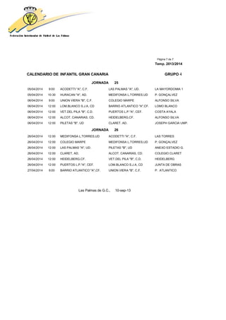 Página 7 de 7
Temp. 2013/2014
CALENDARIO DE INFANTIL GRAN CANARIA GRUPO 4
JORNADA 25
05/04/2014 9:00 ACODETTI "A", C.F. LAS PALMAS "A", UD. LA MAYORDOMIA 1
05/04/2014 10:30 HURACAN "A", AD. MEDIFONSA L.TORRES,UD P. GONÇALVEZ
06/04/2014 9:00 UNION VIERA "B", C.F. COLEGIO MARPE ALFONSO SILVA
06/04/2014 12:00 LOM.BLANCO S.J.A, CD BARRIO ATLANTICO "A",CF. LOMO BLANCO
06/04/2014 12:00 VET.DEL PILA "B", C.D. PUERTOS L.P."A", CEF. COSTA AYALA
06/04/2014 12:00 ALCOT. CANARIAS, CD. HEIDELBERG,CF. ALFONSO SILVA
06/04/2014 12:00 PILETAS "B", UD CLARET, AD. JOSEPH GARCIA UMP.
JORNADA 26
26/04/2014 12:00 MEDIFONSA L.TORRES,UD ACODETTI "A", C.F. LAS TORRES
26/04/2014 12:00 COLEGIO MARPE MEDIFONSA L.TORRES,UD P. GONÇALVEZ
26/04/2014 12:00 LAS PALMAS "A", UD. PILETAS "B", UD ANEXO ESTADIO G.
26/04/2014 12:00 CLARET, AD. ALCOT. CANARIAS, CD. COLEGIO CLARET
26/04/2014 12:00 HEIDELBERG,CF. VET.DEL PILA "B", C.D. HEIDELBERG
26/04/2014 12:00 PUERTOS L.P."A", CEF. LOM.BLANCO S.J.A, CD JUNTA DE OBRAS
27/04/2014 9:00 BARRIO ATLANTICO "A",CF. UNION VIERA "B", C.F. P. ATLANTICO
Las Palmas de G.C., 10-sep-13
 