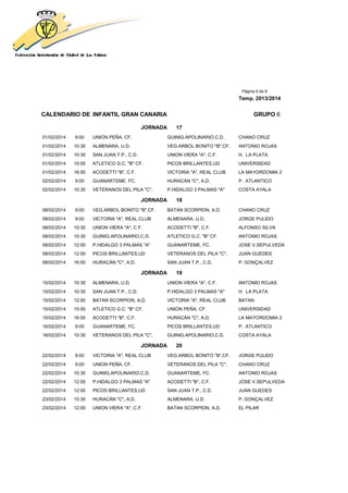 Página 5 de 8
Temp. 2013/2014
CALENDARIO DE INFANTIL GRAN CANARIA GRUPO 6
JORNADA 17
01/02/2014 9:00 UNION PEÑA, CF. GUINIG.APOLINARIO,C.D. CHANO CRUZ
01/02/2014 10:30 ALMENARA, U.D. VEG.ARBOL BONITO "B",CF. ANTONIO ROJAS
01/02/2014 10:30 SAN JUAN T.P., C.D. UNION VIERA "A", C.F. H. LA PLATA
01/02/2014 15:00 ATLETICO G.C. "B" CF. PICOS BRILLANTES,UD UNIVERSIDAD
01/02/2014 16:00 ACODETTI "B", C.F. VICTORIA "A", REAL CLUB LA MAYORDOMIA 2
02/02/2014 9:00 GUANARTEME, FC. HURACÁN "C", A.D. P. ATLANTICO
02/02/2014 10:30 VETERANOS DEL PILA "C", P.HIDALGO 3 PALMAS "A" COSTA AYALA
JORNADA 18
08/02/2014 9:00 VEG.ARBOL BONITO "B",CF. BATAN SCORPION, A.D. CHANO CRUZ
08/02/2014 9:00 VICTORIA "A", REAL CLUB ALMENARA, U.D. JORGE PULIDO
08/02/2014 10:30 UNION VIERA "A", C.F. ACODETTI "B", C.F. ALFONSO SILVA
08/02/2014 10:30 GUINIG.APOLINARIO,C.D. ATLETICO G.C. "B" CF. ANTONIO ROJAS
08/02/2014 12:00 P.HIDALGO 3 PALMAS "A" GUANARTEME, FC. JOSE V.SEPULVEDA
08/02/2014 12:00 PICOS BRILLANTES,UD VETERANOS DEL PILA "C", JUAN GUEDES
08/02/2014 16:00 HURACÁN "C", A.D. SAN JUAN T.P., C.D. P. GONÇALVEZ
JORNADA 19
15/02/2014 10:30 ALMENARA, U.D. UNION VIERA "A", C.F. ANTONIO ROJAS
15/02/2014 10:30 SAN JUAN T.P., C.D. P.HIDALGO 3 PALMAS "A" H. LA PLATA
15/02/2014 12:00 BATAN SCORPION, A.D. VICTORIA "A", REAL CLUB BATAN
15/02/2014 15:00 ATLETICO G.C. "B" CF. UNION PEÑA, CF. UNIVERSIDAD
15/02/2014 16:00 ACODETTI "B", C.F. HURACÁN "C", A.D. LA MAYORDOMIA 2
16/02/2014 9:00 GUANARTEME, FC. PICOS BRILLANTES,UD P. ATLANTICO
16/02/2014 10:30 VETERANOS DEL PILA "C", GUINIG.APOLINARIO,C.D. COSTA AYALA
JORNADA 20
22/02/2014 9:00 VICTORIA "A", REAL CLUB VEG.ARBOL BONITO "B",CF. JORGE PULIDO
22/02/2014 9:00 UNION PEÑA, CF. VETERANOS DEL PILA "C", CHANO CRUZ
22/02/2014 10:30 GUINIG.APOLINARIO,C.D. GUANARTEME, FC. ANTONIO ROJAS
22/02/2014 12:00 P.HIDALGO 3 PALMAS "A" ACODETTI "B", C.F. JOSE V.SEPULVEDA
22/02/2014 12:00 PICOS BRILLANTES,UD SAN JUAN T.P., C.D. JUAN GUEDES
23/02/2014 10:30 HURACÁN "C", A.D. ALMENARA, U.D. P. GONÇALVEZ
23/02/2014 12:00 UNION VIERA "A", C.F. BATAN SCORPION, A.D. EL PILAR
 