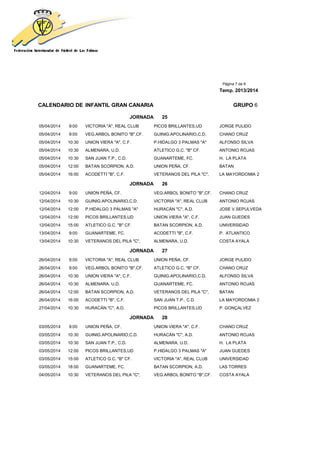 Página 7 de 8
Temp. 2013/2014
CALENDARIO DE INFANTIL GRAN CANARIA GRUPO 6
JORNADA 25
05/04/2014 9:00 VICTORIA "A", REAL CLUB PICOS BRILLANTES,UD JORGE PULIDO
05/04/2014 9:00 VEG.ARBOL BONITO "B",CF. GUINIG.APOLINARIO,C.D. CHANO CRUZ
05/04/2014 10:30 UNION VIERA "A", C.F. P.HIDALGO 3 PALMAS "A" ALFONSO SILVA
05/04/2014 10:30 ALMENARA, U.D. ATLETICO G.C. "B" CF. ANTONIO ROJAS
05/04/2014 10:30 SAN JUAN T.P., C.D. GUANARTEME, FC. H. LA PLATA
05/04/2014 12:00 BATAN SCORPION, A.D. UNION PEÑA, CF. BATAN
05/04/2014 16:00 ACODETTI "B", C.F. VETERANOS DEL PILA "C", LA MAYORDOMIA 2
JORNADA 26
12/04/2014 9:00 UNION PEÑA, CF. VEG.ARBOL BONITO "B",CF. CHANO CRUZ
12/04/2014 10:30 GUINIG.APOLINARIO,C.D. VICTORIA "A", REAL CLUB ANTONIO ROJAS
12/04/2014 12:00 P.HIDALGO 3 PALMAS "A" HURACÁN "C", A.D. JOSE V.SEPULVEDA
12/04/2014 12:00 PICOS BRILLANTES,UD UNION VIERA "A", C.F. JUAN GUEDES
12/04/2014 15:00 ATLETICO G.C. "B" CF. BATAN SCORPION, A.D. UNIVERSIDAD
13/04/2014 9:00 GUANARTEME, FC. ACODETTI "B", C.F. P. ATLANTICO
13/04/2014 10:30 VETERANOS DEL PILA "C", ALMENARA, U.D. COSTA AYALA
JORNADA 27
26/04/2014 9:00 VICTORIA "A", REAL CLUB UNION PEÑA, CF. JORGE PULIDO
26/04/2014 9:00 VEG.ARBOL BONITO "B",CF. ATLETICO G.C. "B" CF. CHANO CRUZ
26/04/2014 10:30 UNION VIERA "A", C.F. GUINIG.APOLINARIO,C.D. ALFONSO SILVA
26/04/2014 10:30 ALMENARA, U.D. GUANARTEME, FC. ANTONIO ROJAS
26/04/2014 12:00 BATAN SCORPION, A.D. VETERANOS DEL PILA "C", BATAN
26/04/2014 16:00 ACODETTI "B", C.F. SAN JUAN T.P., C.D. LA MAYORDOMIA 2
27/04/2014 10:30 HURACÁN "C", A.D. PICOS BRILLANTES,UD P. GONÇALVEZ
JORNADA 28
03/05/2014 9:00 UNION PEÑA, CF. UNION VIERA "A", C.F. CHANO CRUZ
03/05/2014 10:30 GUINIG.APOLINARIO,C.D. HURACÁN "C", A.D. ANTONIO ROJAS
03/05/2014 10:30 SAN JUAN T.P., C.D. ALMENARA, U.D. H. LA PLATA
03/05/2014 12:00 PICOS BRILLANTES,UD P.HIDALGO 3 PALMAS "A" JUAN GUEDES
03/05/2014 15:00 ATLETICO G.C. "B" CF. VICTORIA "A", REAL CLUB UNIVERSIDAD
03/05/2014 18:00 GUANARTEME, FC. BATAN SCORPION, A.D. LAS TORRES
04/05/2014 10:30 VETERANOS DEL PILA "C", VEG.ARBOL BONITO "B",CF. COSTA AYALA
 