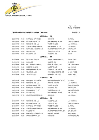 Página 4 de 8
Temp. 2013/2014
CALENDARIO DE INFANTIL GRAN CANARIA GRUPO 8
JORNADA 13
28/12/2013 10:30 CARRIZAL, C.F. UNION GORO, CD EL TORIL
28/12/2013 10:30 OJOS DE GARZA, C.D. UNION MARINA "A", CF. OJOS DE GARZA
28/12/2013 10:30 REMUDAS, U.D. LAS VELEZ, UD. LOS LAS REMUDAS
28/12/2013 13:00 JOVERO LAS ROSAS, CF. UNION VIERA "F", CF. LAS ROSAS
28/12/2013 17:00 PLAYA DEL HOMBRE, C.D. MAJORERAS GUAY."A", CF. M.M. "NAÑO"
28/12/2013 18:00 CALERO, CD. VALSEQUILLO, U.D. E.M. CALERO
28/12/2013 18:00 BALOS "C", UD. TELDE "A", U.D. BALOS
JORNADA 14
11/01/2014 9:00 VALSEQUILLO, U.D. JOVERO LAS ROSAS, CF. VALSEQUILLO
11/01/2014 10:30 GORO, CD CALERO, CD. EL GORO
11/01/2014 10:30 MAJORERAS GUAY."A", OJOS DE GARZA, C.D. E.M. CAPELLANIA
11/01/2014 10:30 HUESAS, UD. LAS BALOS "C", UD. LAS HUESAS
11/01/2014 12:00 UNION MARINA "A", CF. CARRIZAL, C.F. UNION M.M. "NAÑO"
11/01/2014 13:00 VELEZ, UD. LOS PLAYA DEL HOMBRE, C.D. M. LOS VELEZ
11/01/2014 15:00 TELDE "A", U.D. REMUDAS, U.D. LAS PABLO HDEZ.
JORNADA 15
18/01/2014 10:30 CARRIZAL, C.F. UNION MAJORERAS GUAY."A", CF. EL TORIL
18/01/2014 10:30 REMUDAS, U.D. LAS HUESAS, UD. LAS LAS REMUDAS
18/01/2014 12:00 OJOS DE GARZA, C.D. VELEZ, UD. LOS OJOS DE GARZA
18/01/2014 15:00 PLAYA DEL HOMBRE, C.D. TELDE "A", U.D. M.M. "NAÑO"
18/01/2014 16:00 UNION VIERA "F", CF. VALSEQUILLO, U.D. ANTONIO ROJAS
18/01/2014 16:00 CALERO, CD. UNION MARINA "A", CF. E.M. CALERO
18/01/2014 17:00 JOVERO LAS ROSAS, CF. GORO, CD LAS ROSAS
JORNADA 16
25/01/2014 10:30 REMUDAS, U.D. LAS BALOS "C", UD. LAS REMUDAS
25/01/2014 10:30 OJOS DE GARZA, C.D. TELDE "A", U.D. OJOS DE GARZA
25/01/2014 10:30 CARRIZAL, C.F. UNION VELEZ, UD. LOS EL TORIL
25/01/2014 11:30 JOVERO LAS ROSAS, CF. UNION MARINA "A", CF. LAS ROSAS
25/01/2014 18:00 CALERO, CD. MAJORERAS GUAY."A", CF. E.M. CALERO
26/01/2014 10:30 PLAYA DEL HOMBRE, C.D. HUESAS, UD. LAS M.M. "NAÑO"
26/01/2014 12:00 UNION VIERA "F", CF. GORO, CD ANTONIO ROJAS
 