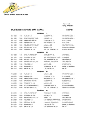 Página 3 de 8
Temp. 2013/2014
CALENDARIO DE INFANTIL GRAN CANARIA GRUPO 9
JORNADA 9
23/11/2013 9:00 ALMA´S, C.D. BALOS "B", UD. CIU.D.MASPALOM. 3
23/11/2013 10:30 SAN FERNANDO "B",UD. INGENIO, C.D. CIU.D.MASPALOM. 3
23/11/2013 10:30 SAN PEDRO MARTIR ESTRELLA "B", CF. EL DOCTORAL
23/11/2013 10:30 TABLERO "B", C.D. DORAMAS "A", C.D. E.VALERON
23/11/2013 10:30 POLIGONO ARINAGA,CF. ARINAGA, C.D. POL.RES.ARINAGA
23/11/2013 12:30 VECINKLUBF "A", CD. AGUIMES, C.F. ANEXO VECINDARIO
23/11/2013 16:00 CERRUDA "B", CD. ARG.STA. AGUEDA, C.D E.M. VECINDARIO
JORNADA 10
30/11/2013 9:00 CASA PASTORES "B" CERRUDA "B", CD. LA MADERA
30/11/2013 10:00 DORAMAS "A", C.D. SAN PEDRO MARTIR "B",CD, C.ARINAGA
30/11/2013 10:30 ESTRELLA "B", CF. SAN FERNANDO "B",UD. LAS PALMITAS
30/11/2013 10:30 ARG.STA. AGUEDA, C.D POLIGONO ARINAGA,CF. ARGUINEGUIN
30/11/2013 11:30 AGUIMES, C.F. ALMA´S, C.D. LAS CRUCITAS
30/11/2013 11:30 ARINAGA, C.D. VECINKLUBF "A", CD. MCPAL.DE ARINAGA
30/11/2013 18:00 BALOS "B", UD. TABLERO "B", C.D. BALOS
JORNADA 11
14/12/2013 9:00 ALMA´S, C.D. ARINAGA, C.D. CIU.D.MASPALOM. 3
14/12/2013 10:30 INGENIO, C.D. ESTRELLA "B", CF. C. HERRERA
14/12/2013 10:30 SAN FERNANDO "B",UD. DORAMAS "A", C.D. CIU.D.MASPALOM. 3
14/12/2013 10:30 SAN PEDRO MARTIR BALOS "B", UD. EL DOCTORAL
14/12/2013 10:30 TABLERO "B", C.D. AGUIMES, C.F. E.VALERON
14/12/2013 10:30 POLIGONO ARINAGA,CF. CASA PASTORES "B" POL.RES.ARINAGA
14/12/2013 12:30 VECINKLUBF "A", CD. ARG.STA. AGUEDA, C.D ANEXO VECINDARIO
JORNADA 12
21/12/2013 9:00 CASA PASTORES "B" VECINKLUBF "A", CD. LA MADERA
21/12/2013 10:00 DORAMAS "A", C.D. INGENIO, C.D. C.ARINAGA
21/12/2013 10:30 ARG.STA. AGUEDA, C.D ALMA´S, C.D. ARGUINEGUIN
21/12/2013 11:30 AGUIMES, C.F. SAN PEDRO MARTIR "B",CD, LAS CRUCITAS
21/12/2013 16:00 CERRUDA "B", CD. POLIGONO ARINAGA,CF. E.M. VECINDARIO
21/12/2013 17:00 ARINAGA, C.D. TABLERO "B", C.D. MCPAL.DE ARINAGA
21/12/2013 18:00 BALOS "B", UD. SAN FERNANDO "B",UD. BALOS
 