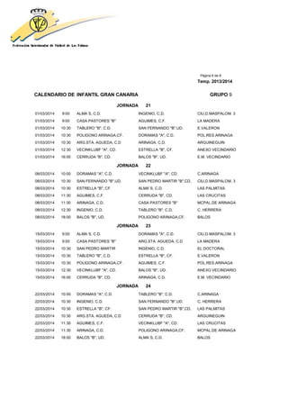 Página 6 de 8
Temp. 2013/2014
CALENDARIO DE INFANTIL GRAN CANARIA GRUPO 9
JORNADA 21
01/03/2014 9:00 ALMA´S, C.D. INGENIO, C.D. CIU.D.MASPALOM. 3
01/03/2014 9:00 CASA PASTORES "B" AGUIMES, C.F. LA MADERA
01/03/2014 10:30 TABLERO "B", C.D. SAN FERNANDO "B",UD. E.VALERON
01/03/2014 10:30 POLIGONO ARINAGA,CF. DORAMAS "A", C.D. POL.RES.ARINAGA
01/03/2014 10:30 ARG.STA. AGUEDA, C.D ARINAGA, C.D. ARGUINEGUIN
01/03/2014 12:30 VECINKLUBF "A", CD. ESTRELLA "B", CF. ANEXO VECINDARIO
01/03/2014 16:00 CERRUDA "B", CD. BALOS "B", UD. E.M. VECINDARIO
JORNADA 22
08/03/2014 10:00 DORAMAS "A", C.D. VECINKLUBF "A", CD. C.ARINAGA
08/03/2014 10:30 SAN FERNANDO "B",UD. SAN PEDRO MARTIR "B",CD, CIU.D.MASPALOM. 3
08/03/2014 10:30 ESTRELLA "B", CF. ALMA´S, C.D. LAS PALMITAS
08/03/2014 11:30 AGUIMES, C.F. CERRUDA "B", CD. LAS CRUCITAS
08/03/2014 11:30 ARINAGA, C.D. CASA PASTORES "B" MCPAL.DE ARINAGA
08/03/2014 12:30 INGENIO, C.D. TABLERO "B", C.D. C. HERRERA
08/03/2014 18:00 BALOS "B", UD. POLIGONO ARINAGA,CF. BALOS
JORNADA 23
15/03/2014 9:00 ALMA´S, C.D. DORAMAS "A", C.D. CIU.D.MASPALOM. 3
15/03/2014 9:00 CASA PASTORES "B" ARG.STA. AGUEDA, C.D LA MADERA
15/03/2014 10:30 SAN PEDRO MARTIR INGENIO, C.D. EL DOCTORAL
15/03/2014 10:30 TABLERO "B", C.D. ESTRELLA "B", CF. E.VALERON
15/03/2014 10:30 POLIGONO ARINAGA,CF. AGUIMES, C.F. POL.RES.ARINAGA
15/03/2014 12:30 VECINKLUBF "A", CD. BALOS "B", UD. ANEXO VECINDARIO
15/03/2014 16:00 CERRUDA "B", CD. ARINAGA, C.D. E.M. VECINDARIO
JORNADA 24
22/03/2014 10:00 DORAMAS "A", C.D. TABLERO "B", C.D. C.ARINAGA
22/03/2014 10:30 INGENIO, C.D. SAN FERNANDO "B",UD. C. HERRERA
22/03/2014 10:30 ESTRELLA "B", CF. SAN PEDRO MARTIR "B",CD, LAS PALMITAS
22/03/2014 10:30 ARG.STA. AGUEDA, C.D CERRUDA "B", CD. ARGUINEGUIN
22/03/2014 11:30 AGUIMES, C.F. VECINKLUBF "A", CD. LAS CRUCITAS
22/03/2014 11:30 ARINAGA, C.D. POLIGONO ARINAGA,CF. MCPAL.DE ARINAGA
22/03/2014 18:00 BALOS "B", UD. ALMA´S, C.D. BALOS
 
