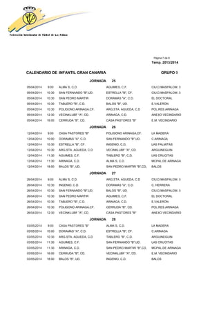 Página 7 de 8
Temp. 2013/2014
CALENDARIO DE INFANTIL GRAN CANARIA GRUPO 9
JORNADA 25
05/04/2014 9:00 ALMA´S, C.D. AGUIMES, C.F. CIU.D.MASPALOM. 3
05/04/2014 10:30 SAN FERNANDO "B",UD. ESTRELLA "B", CF. CIU.D.MASPALOM. 3
05/04/2014 10:30 SAN PEDRO MARTIR DORAMAS "A", C.D. EL DOCTORAL
05/04/2014 10:30 TABLERO "B", C.D. BALOS "B", UD. E.VALERON
05/04/2014 10:30 POLIGONO ARINAGA,CF. ARG.STA. AGUEDA, C.D POL.RES.ARINAGA
05/04/2014 12:30 VECINKLUBF "A", CD. ARINAGA, C.D. ANEXO VECINDARIO
05/04/2014 16:00 CERRUDA "B", CD. CASA PASTORES "B" E.M. VECINDARIO
JORNADA 26
12/04/2014 9:00 CASA PASTORES "B" POLIGONO ARINAGA,CF. LA MADERA
12/04/2014 10:00 DORAMAS "A", C.D. SAN FERNANDO "B",UD. C.ARINAGA
12/04/2014 10:30 ESTRELLA "B", CF. INGENIO, C.D. LAS PALMITAS
12/04/2014 10:30 ARG.STA. AGUEDA, C.D VECINKLUBF "A", CD. ARGUINEGUIN
12/04/2014 11:30 AGUIMES, C.F. TABLERO "B", C.D. LAS CRUCITAS
12/04/2014 11:30 ARINAGA, C.D. ALMA´S, C.D. MCPAL.DE ARINAGA
12/04/2014 18:00 BALOS "B", UD. SAN PEDRO MARTIR "B",CD, BALOS
JORNADA 27
26/04/2014 9:00 ALMA´S, C.D. ARG.STA. AGUEDA, C.D CIU.D.MASPALOM. 3
26/04/2014 10:30 INGENIO, C.D. DORAMAS "A", C.D. C. HERRERA
26/04/2014 10:30 SAN FERNANDO "B",UD. BALOS "B", UD. CIU.D.MASPALOM. 3
26/04/2014 10:30 SAN PEDRO MARTIR AGUIMES, C.F. EL DOCTORAL
26/04/2014 10:30 TABLERO "B", C.D. ARINAGA, C.D. E.VALERON
26/04/2014 10:30 POLIGONO ARINAGA,CF. CERRUDA "B", CD. POL.RES.ARINAGA
26/04/2014 12:30 VECINKLUBF "A", CD. CASA PASTORES "B" ANEXO VECINDARIO
JORNADA 28
03/05/2014 9:00 CASA PASTORES "B" ALMA´S, C.D. LA MADERA
03/05/2014 10:00 DORAMAS "A", C.D. ESTRELLA "B", CF. C.ARINAGA
03/05/2014 10:30 ARG.STA. AGUEDA, C.D TABLERO "B", C.D. ARGUINEGUIN
03/05/2014 11:30 AGUIMES, C.F. SAN FERNANDO "B",UD. LAS CRUCITAS
03/05/2014 11:30 ARINAGA, C.D. SAN PEDRO MARTIR "B",CD, MCPAL.DE ARINAGA
03/05/2014 16:00 CERRUDA "B", CD. VECINKLUBF "A", CD. E.M. VECINDARIO
03/05/2014 18:00 BALOS "B", UD. INGENIO, C.D. BALOS
 