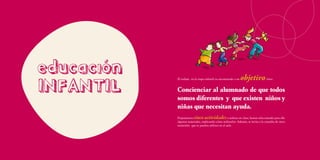 Presentación		        FEVAS   Introducción		                                                    EDUCACIÓN INFANTIL




educación                                                                          objetivo
INFANTIL
                              El trabajo en la etapa infantil va encaminado a un                        clave:


                              Concienciar al alumnado de que todos
                              somos diferentes y que existen niños y
                              niñas que necesitan ayuda.
                              Proponemos   cinco actividades           a realizar en clase; hemos seleccionado para ello
                              algunos materiales, explicando cómo utilizarlos. Además, se invita a la consulta de otros
                              materiales que se pueden utilizar en el aula.




                 36                                                        A
 